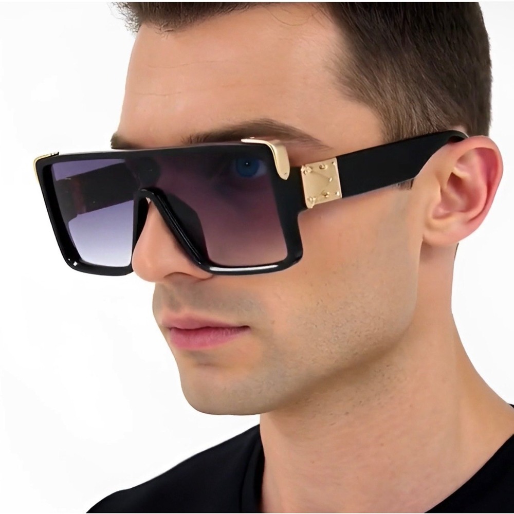 Shield Sunglasses Oversize Square Frame Gold Accent Men Street Wear Lentes Gafas